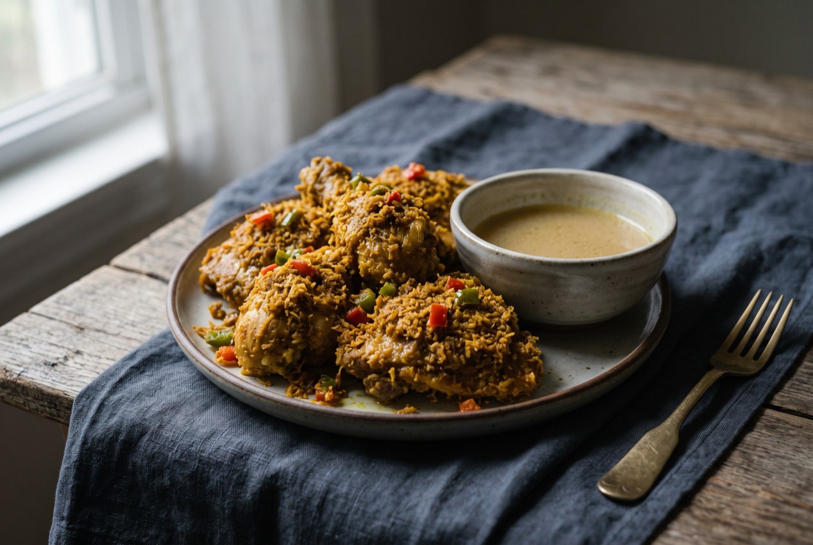 Piaparan, Maranao chicken in coconut milk finished in toasted turmeric coconut: pieces of chicken thickly coated in golden-brown toasted turmeric-yellow coconut flecked with small pieces of red and green capsicum.