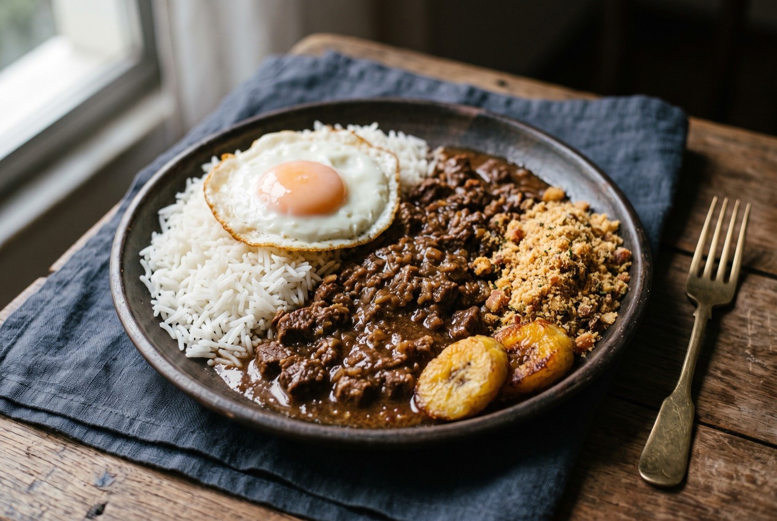 Picadinho, a diced beef boteco plate: a shallow dark plate of small diced braised beef in a thick glossy brown sauce, a mound of white rice to one side, a heap of golden toasted farofa.
