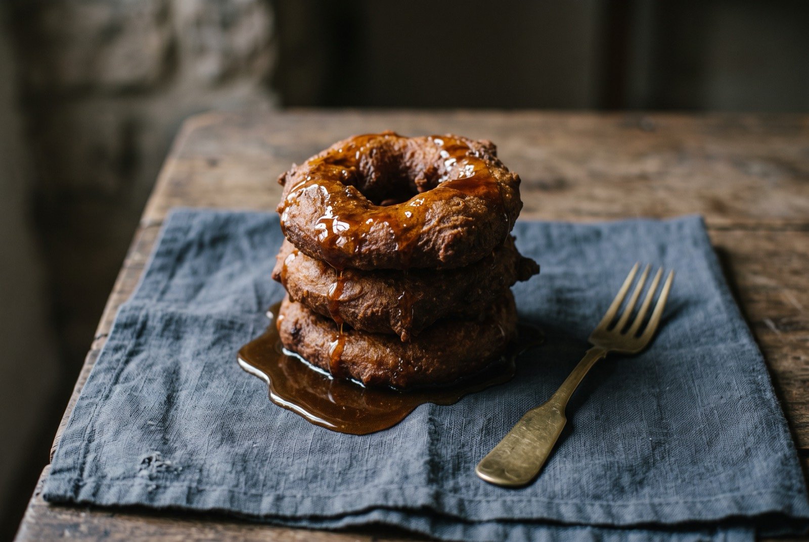fried squash and sweet potato dough rings, distinctly more open and irregular in texture than a plain wheat doughnut, under a dark cane sugar syrup
