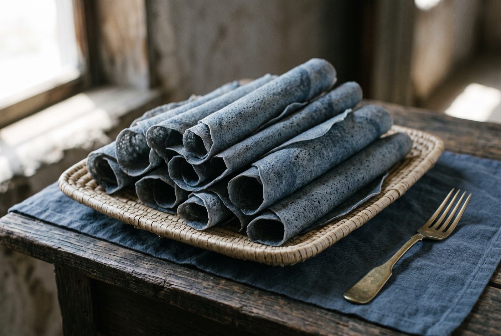 Piki bread, paper thin blue corn rolled on a hot stone: translucently thin sheets of deep blue grey bread loosely rolled into scrolls, stacked at a slight angle on a plain woven tray.