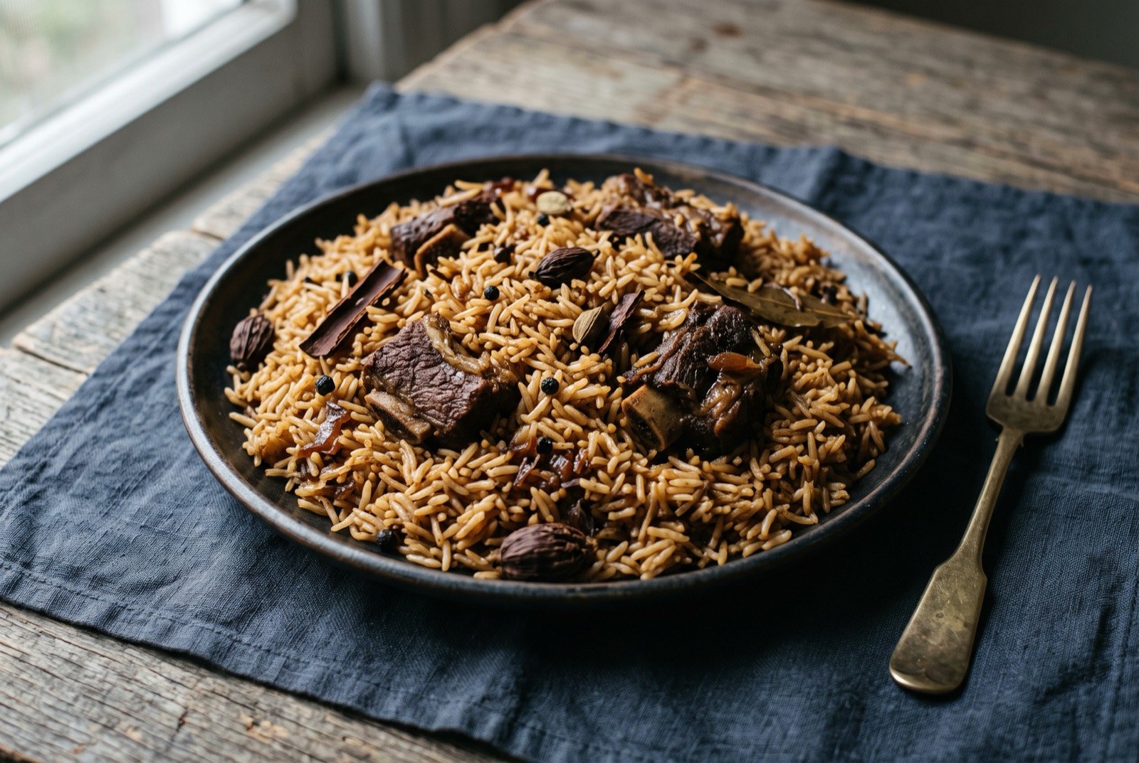 Pilau ya nyama: long grain rice stained an even mahogany brown by caramelised onion and whole spice, every grain separate, pieces of beef on the bone through it.