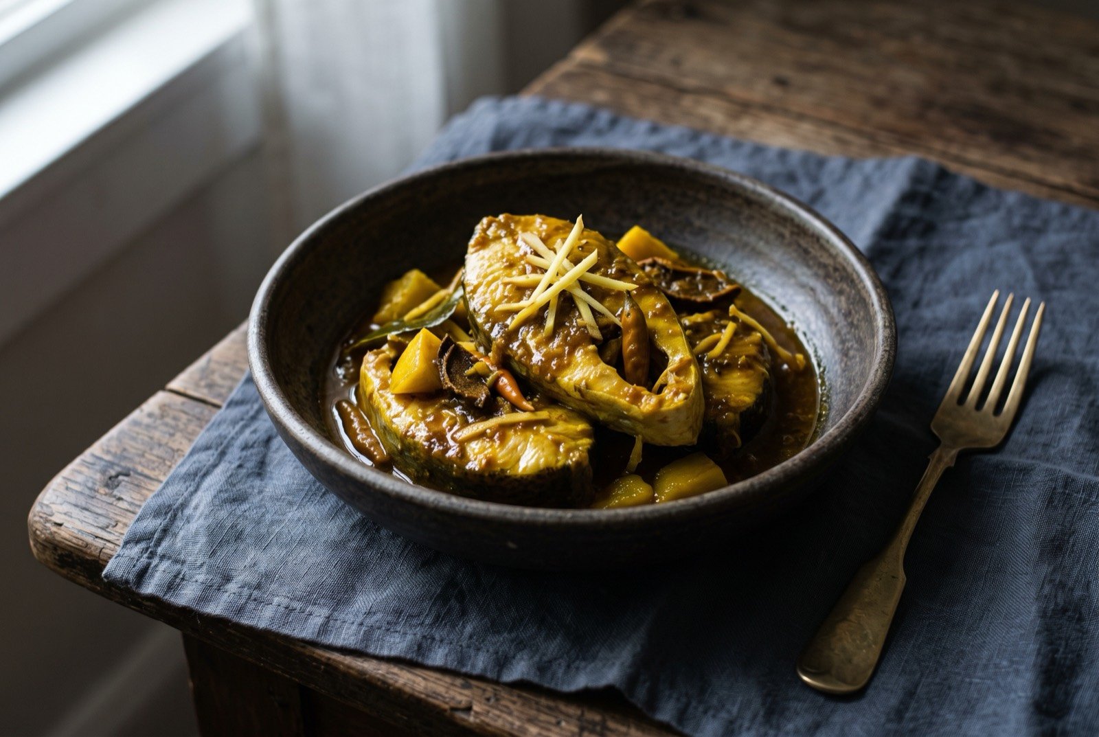 Pinasakan, souring braised fish: thick pieces of pale fish in a dark, reduced, glossy turmeric-yellow sauce clinging tightly to the flesh, scattered with sliced ginger and turmeric leaf.