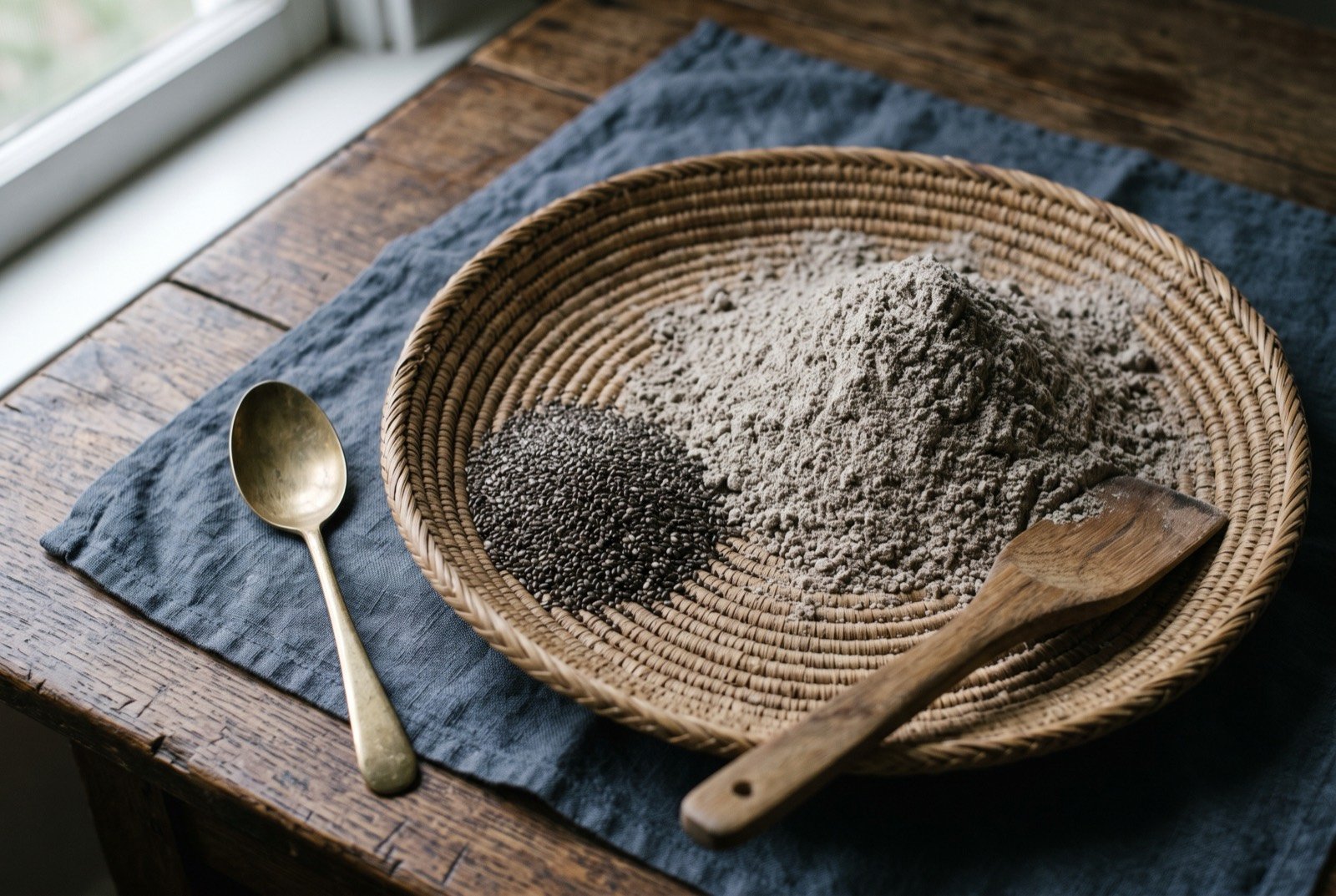 Pinole, parched and ground chia and wild seed flour: a shallow woven tray holding a fine, matte, greyish brown flour heaped loosely to one side, a small mound of whole dark chia seeds beside it for contrast.