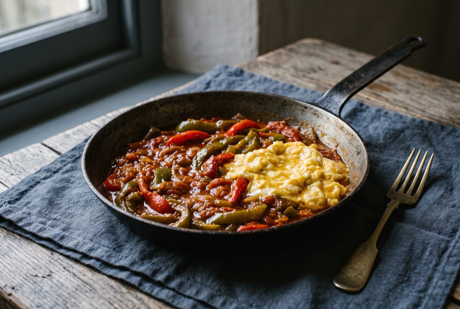Piperade, a jammy stew of peppers, onion and tomato folded through soft scrambled egg: a shallow pan of glistening red and green pepper strips cooked down to a jammy, deep red sauce, soft pale yellow scrambled egg folded through in loose curds.