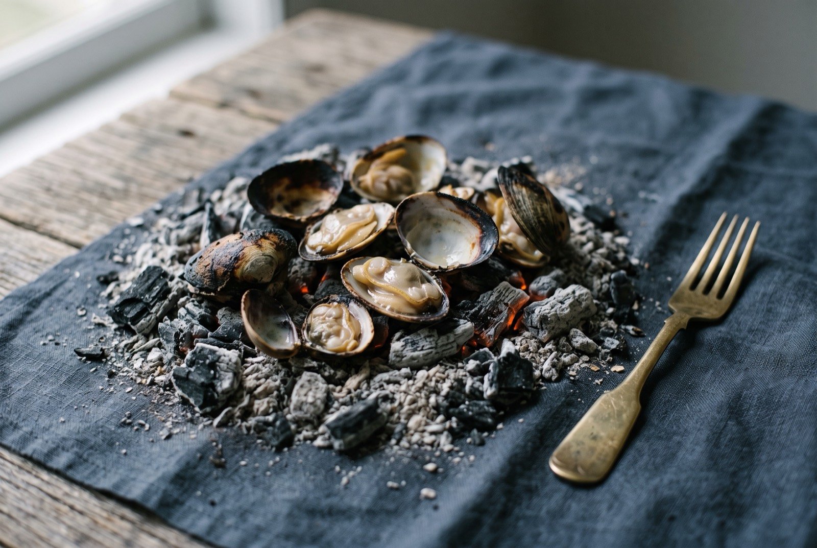 Kuti, pipis gathered by the pipi shuffle and roasted on hot coals: a cluster of small open pipi shells with pale glistening flesh still inside, resting directly on a bed of grey ash and glowing coals.