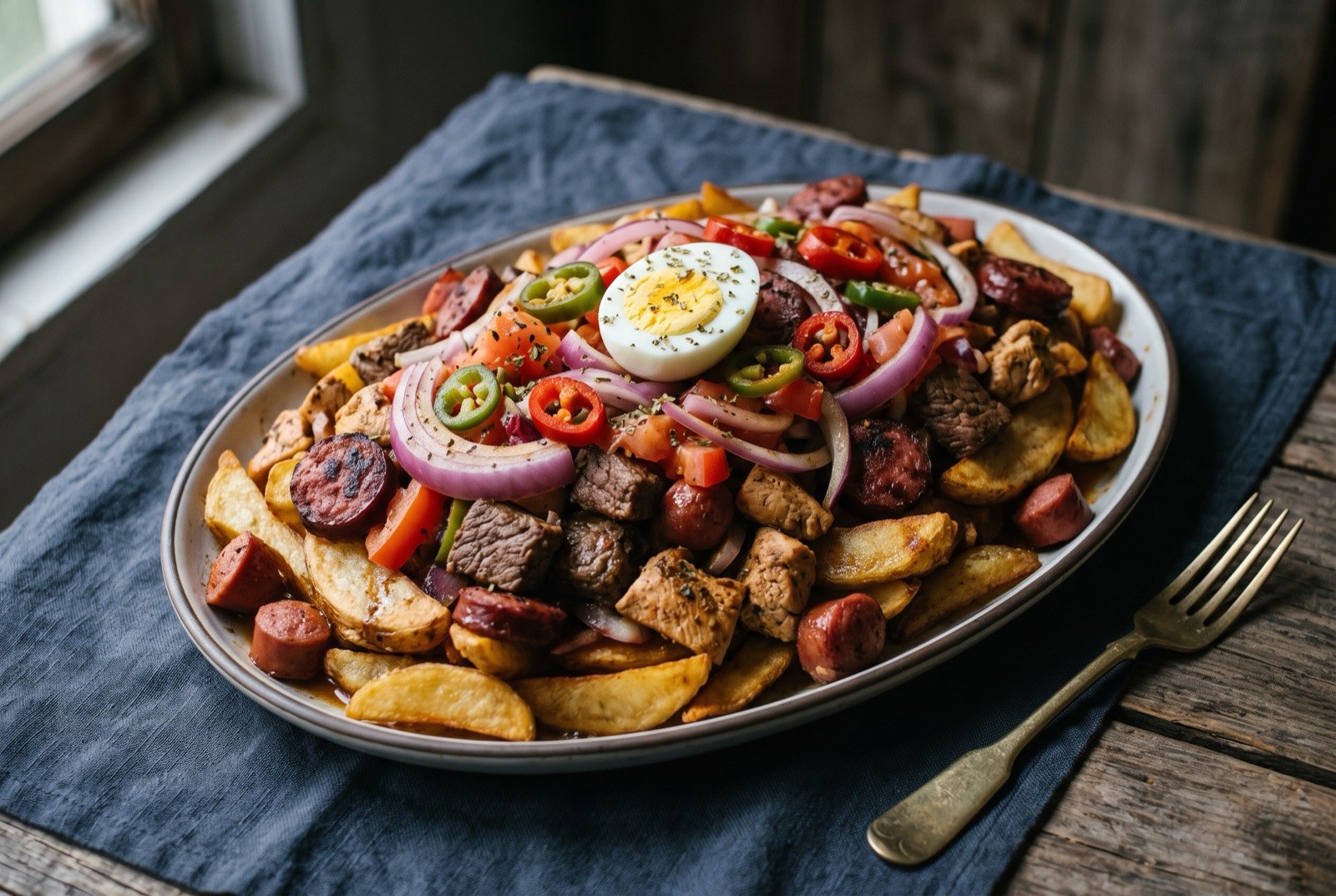 Pique macho, a shared tray of beef, chorizo and chips: a large oval tray heaped with golden fried potato wedges, seared cubes of beef and chicken, slices of dark chorizo, raw onion rings.