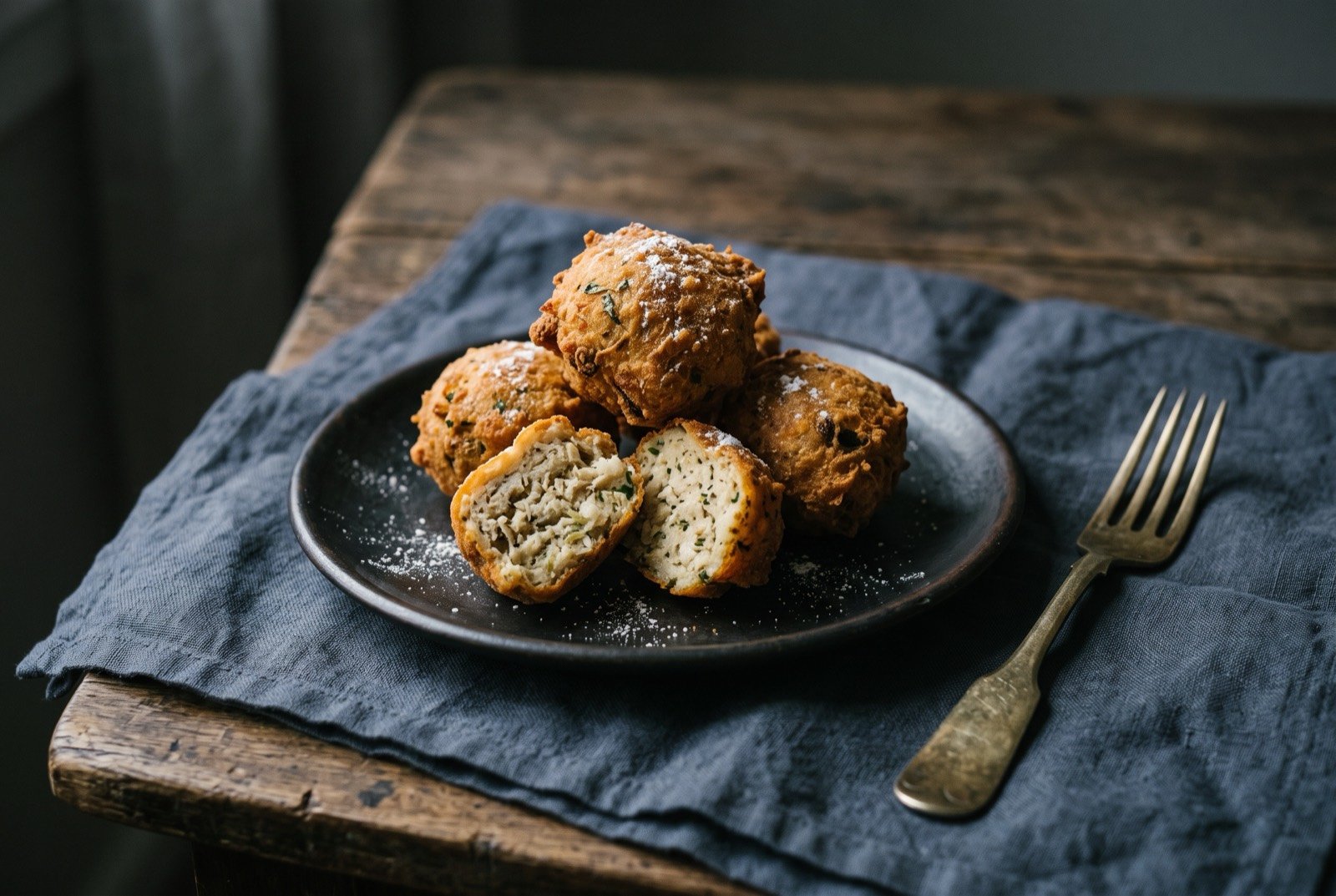 Piracui bolinhos, fried fritters of dried pounded river fish flour and cassava: a small stack of golden brown fried fritters on a dark plate, their broken surface showing a pale, dense interior flecked with herbs.