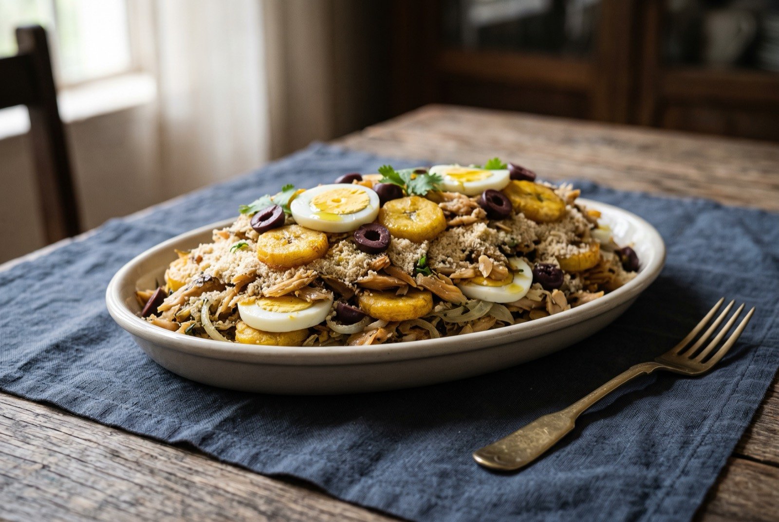 Pirarucu de casaca, salted river fish layered with cassava flour, fried plantain and egg: a shallow oval dish showing distinct layers from the side, pale toasted cassava flour, flaked golden fish, discs of fried ripe plantain.
