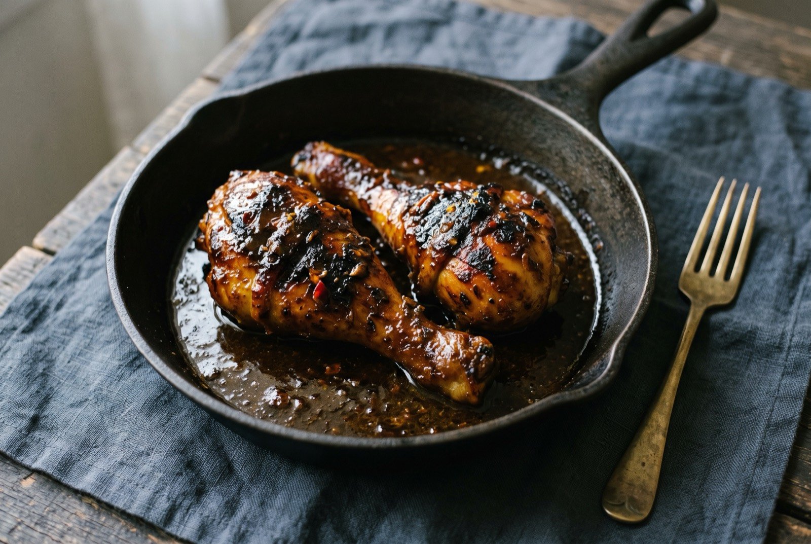 Piyanggang manok, Tausug chicken braised and grilled in a burnt coconut and turmeric sauce: two glossy dark brown chicken drumsticks in a shallow cast iron pan, coated in a rich, near-black coconut and burnt coconut sauce with faint grill char marks visible on the skin.