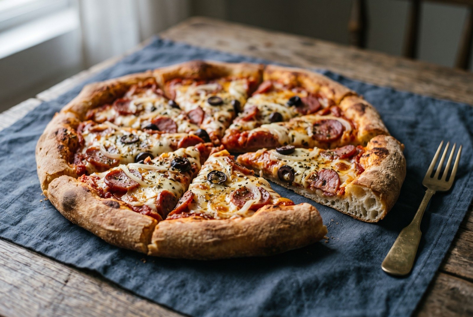 Pizza paulistana, the thick-crust immigrant pizza: a thick-crusted round pizza with a deep golden risen edge, generously and evenly covered edge to edge with toppings, cut into wide triangular slices with one slice pulled slightly away from the rest to reveal the dense.