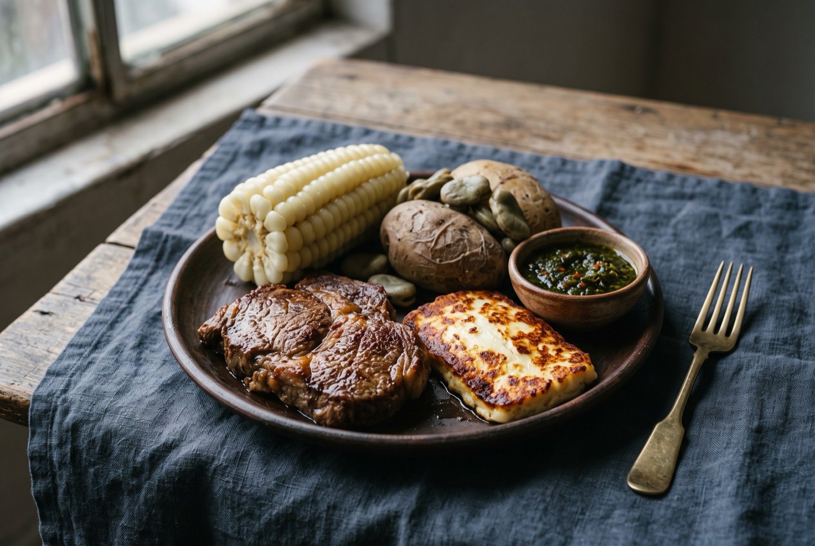 Plato paceño, fried beef, fried cheese, corn, potato and habas: a rustic plate with four distinct mounds, a browned piece of fried beef, a golden slab of fried cheese, a large pale kernel of boiled choclo still on its cob.