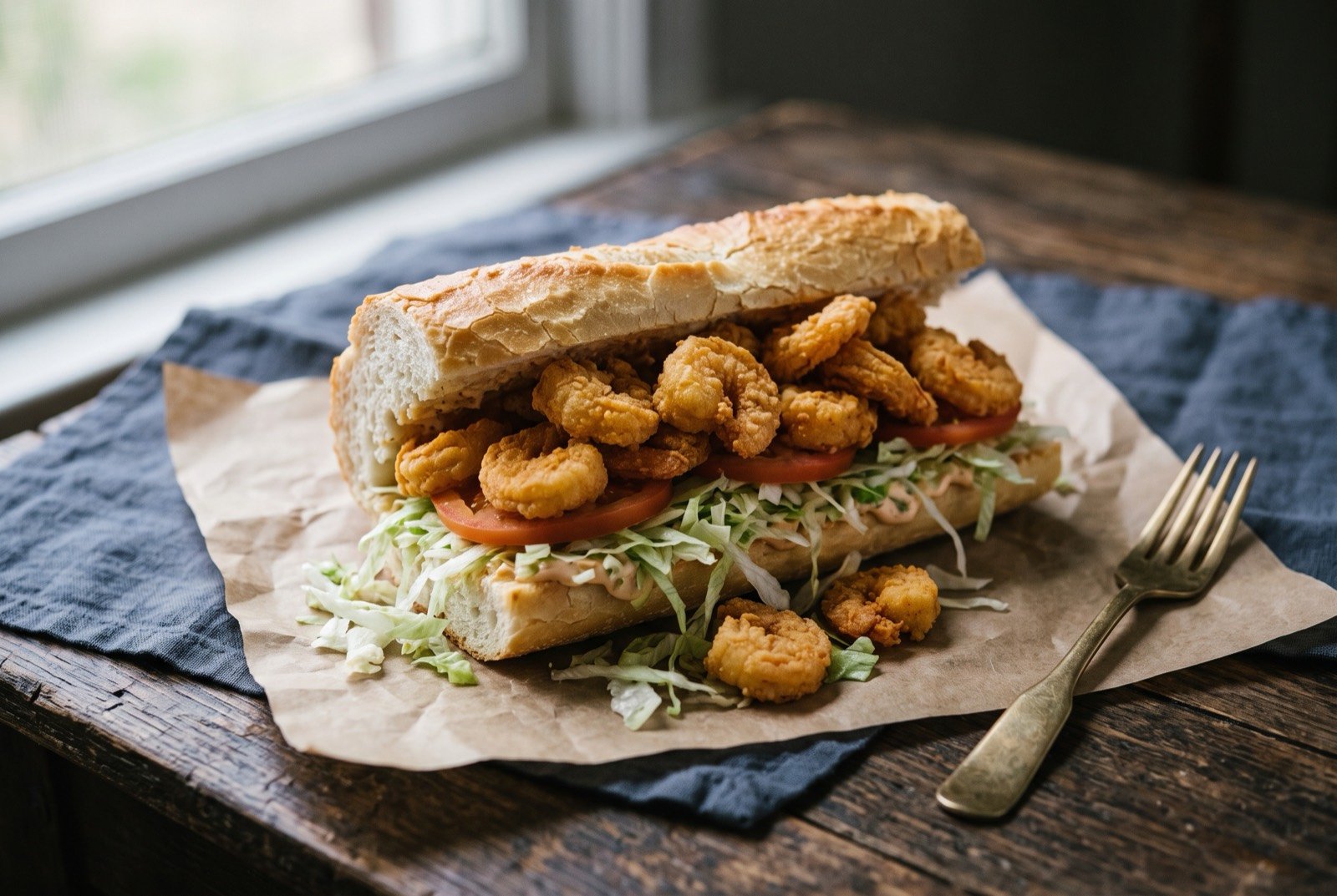 Po'boy, a fried shrimp sandwich on New Orleans French bread: a split length of pale, crisp crusted bread stuffed with golden fried shrimp, shredded lettuce spilling from one open end.