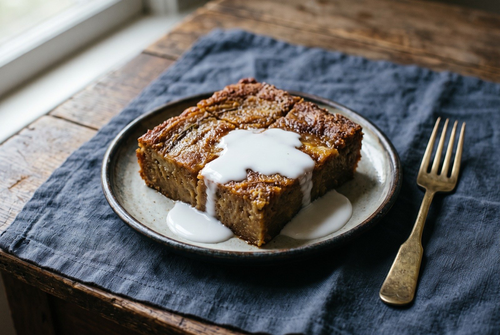 Poʻe, Tahitian baked banana starch pudding finished with coconut milk: a dense golden brown baked pudding cut into thick squares on a plate, glossy where coconut milk has been poured over the top.