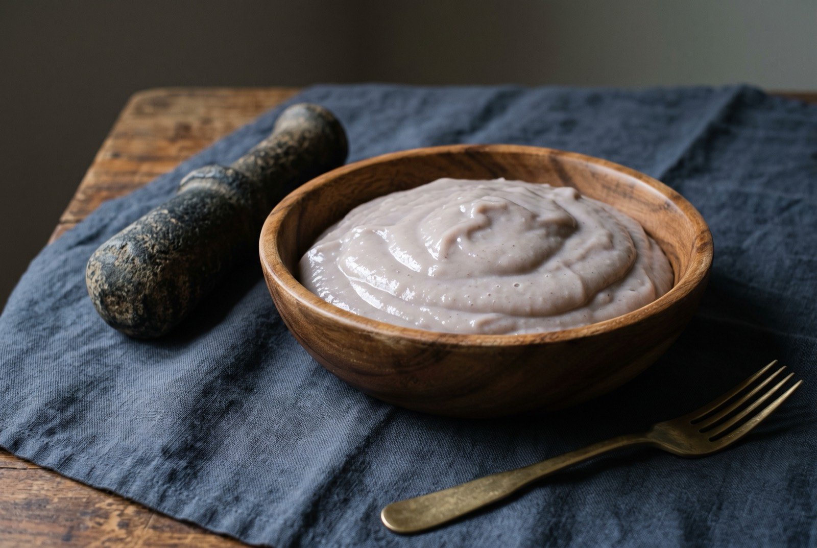 Poi, pounded and lightly fermented taro paste: a smooth, dense, pale grey purple paste mounded in a plain wooden bowl, its surface glossy and slightly rippled, a few small bubbles visible at the surface from fermentation.