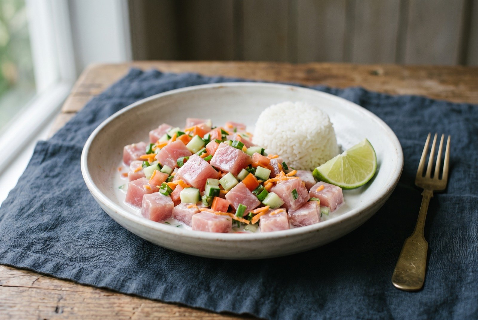 Poisson cru, Tahitian raw tuna cured in lime and finished with coconut milk: even cubes of raw tuna glistening pale pink, tossed through with diced cucumber, tomato, grated carrot and spring onion.