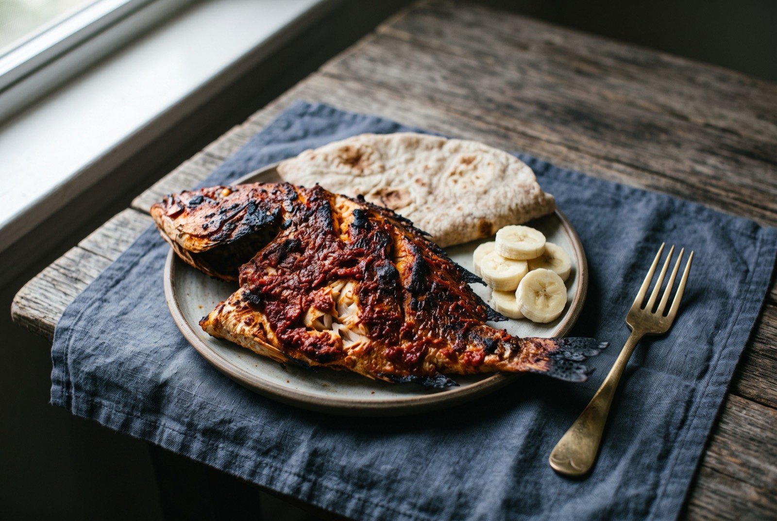 Poisson yéménite: A whole fish split lengthways and opened flat, painted thickly across the flesh with a mild red chilli paste that has blistered and blackened at the edges over fire.