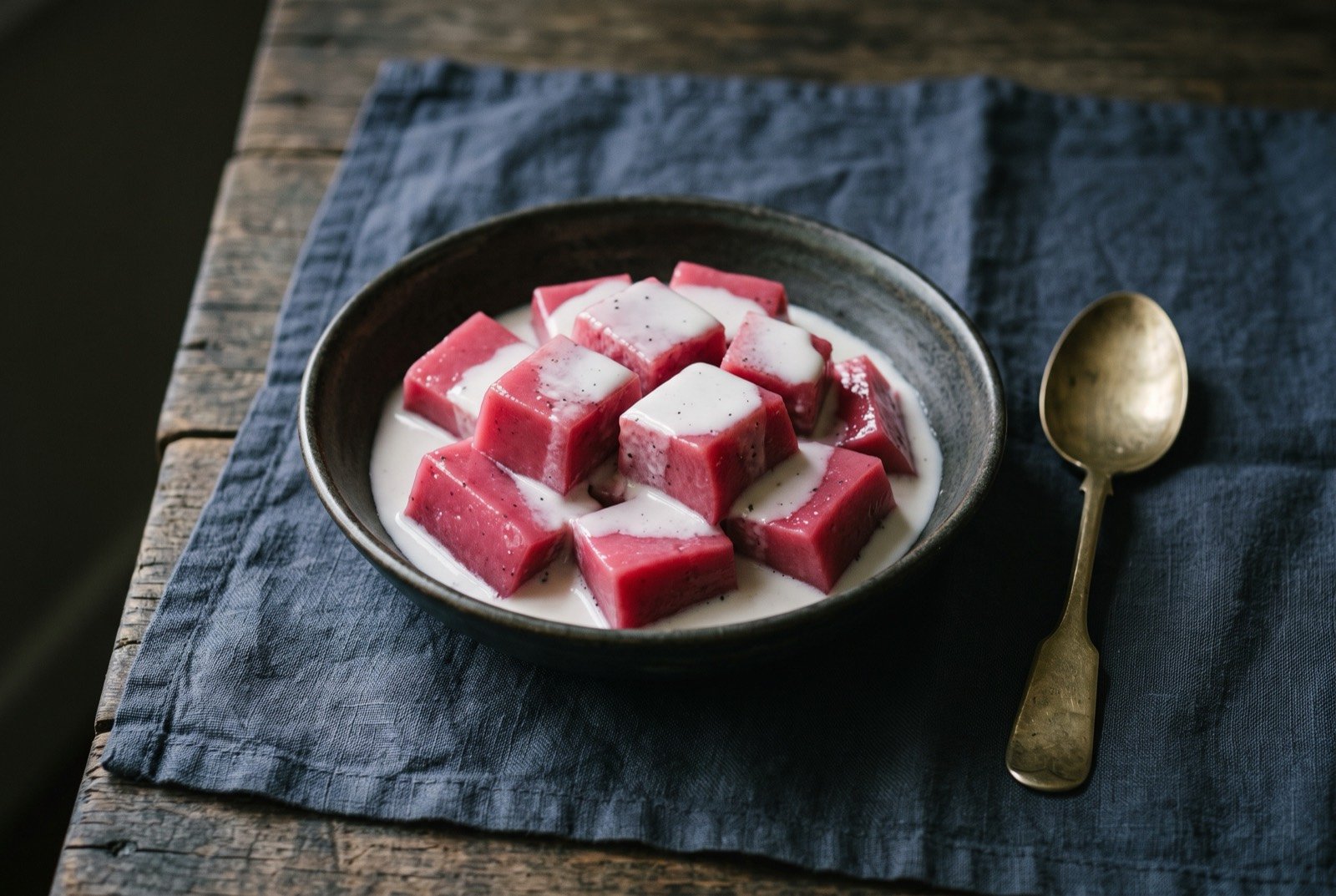 Cook Islands poke: deep pink baked banana and arrowroot pudding cut into wobbly cubes, hot coconut cream poured over. Not the Hawaiian raw fish dish of the same name.