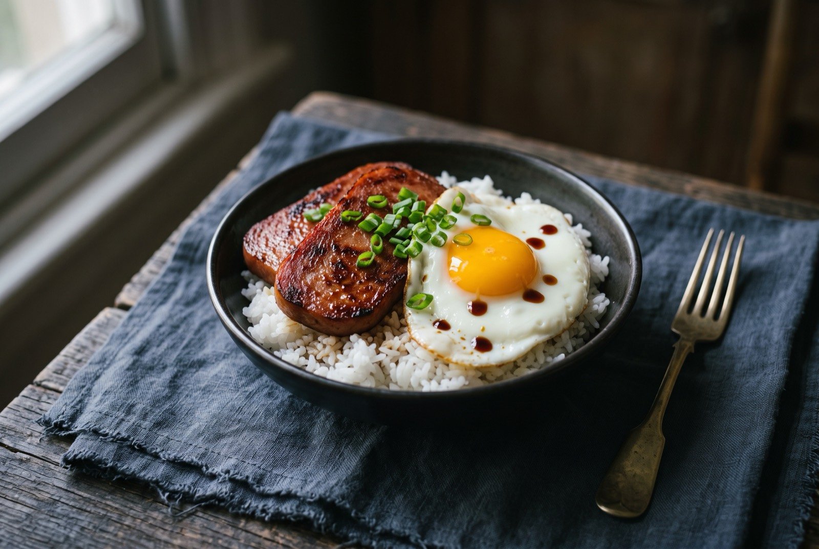 Poku tamago, pan-fried luncheon meat and egg over rice: a bowl of white rice topped with two glossy caramelised slices of pork luncheon meat and a fried egg with a soft golden yolk.
