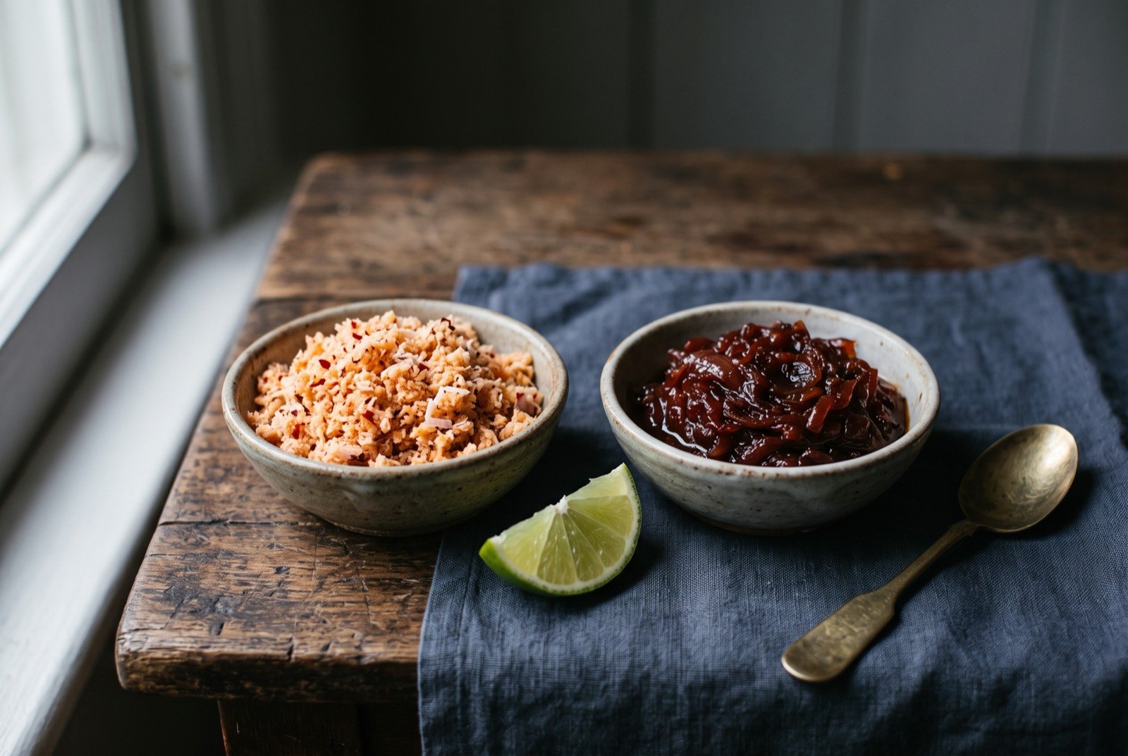 Pol sambol and seeni sambol, the raw coconut relish and the slow-cooked onion relish, side by side: two small bowls side by side, one holding a coarse, moist, pale pink-flecked grated coconut and chilli mixture, the other a deep reddish-brown.