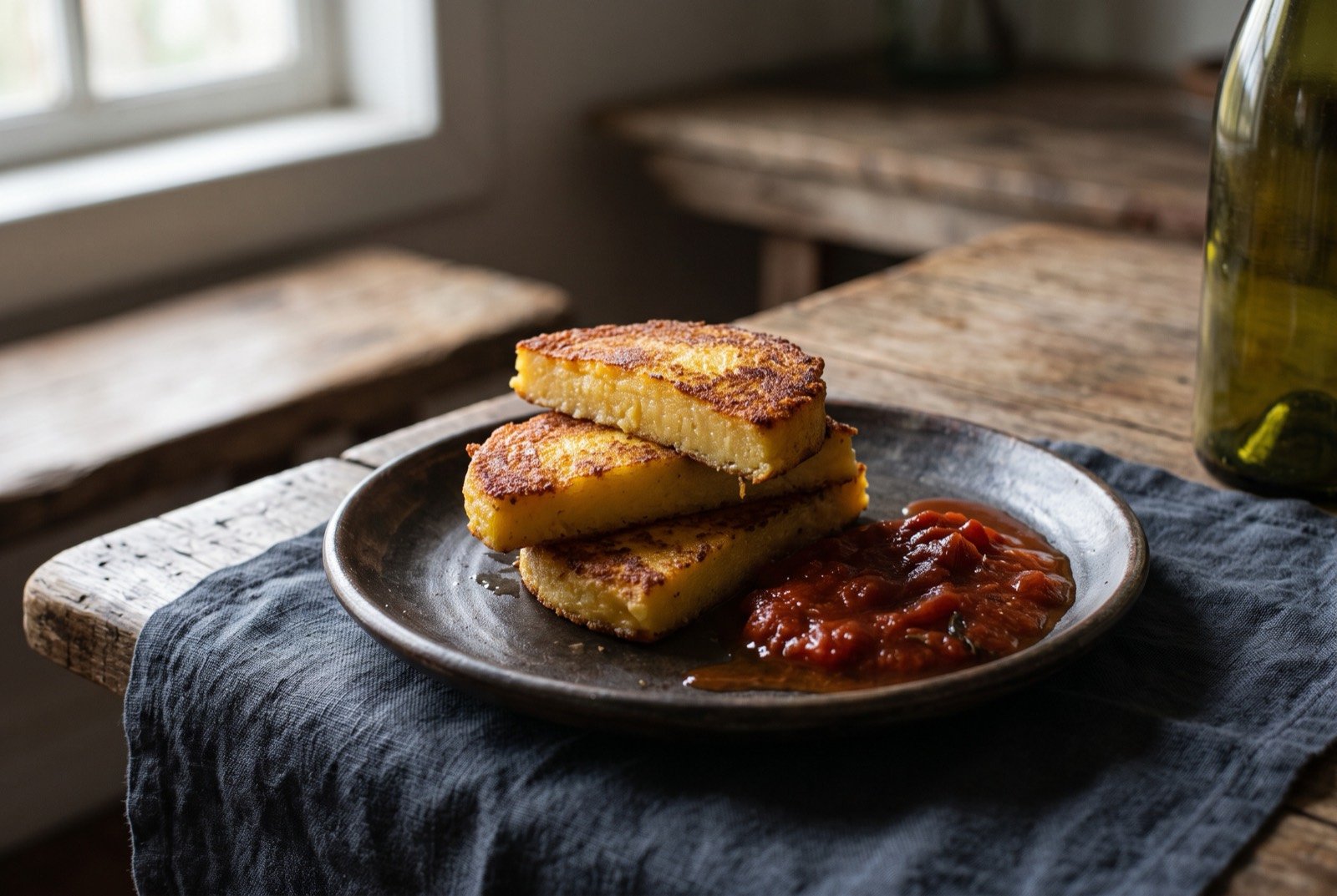 Polenta colonial, fried slices from the Italian colônia: thick golden slices of set polenta stacked slightly askew, each with a deeply crisp browned crust and a soft pale interior visible at the cut edge.