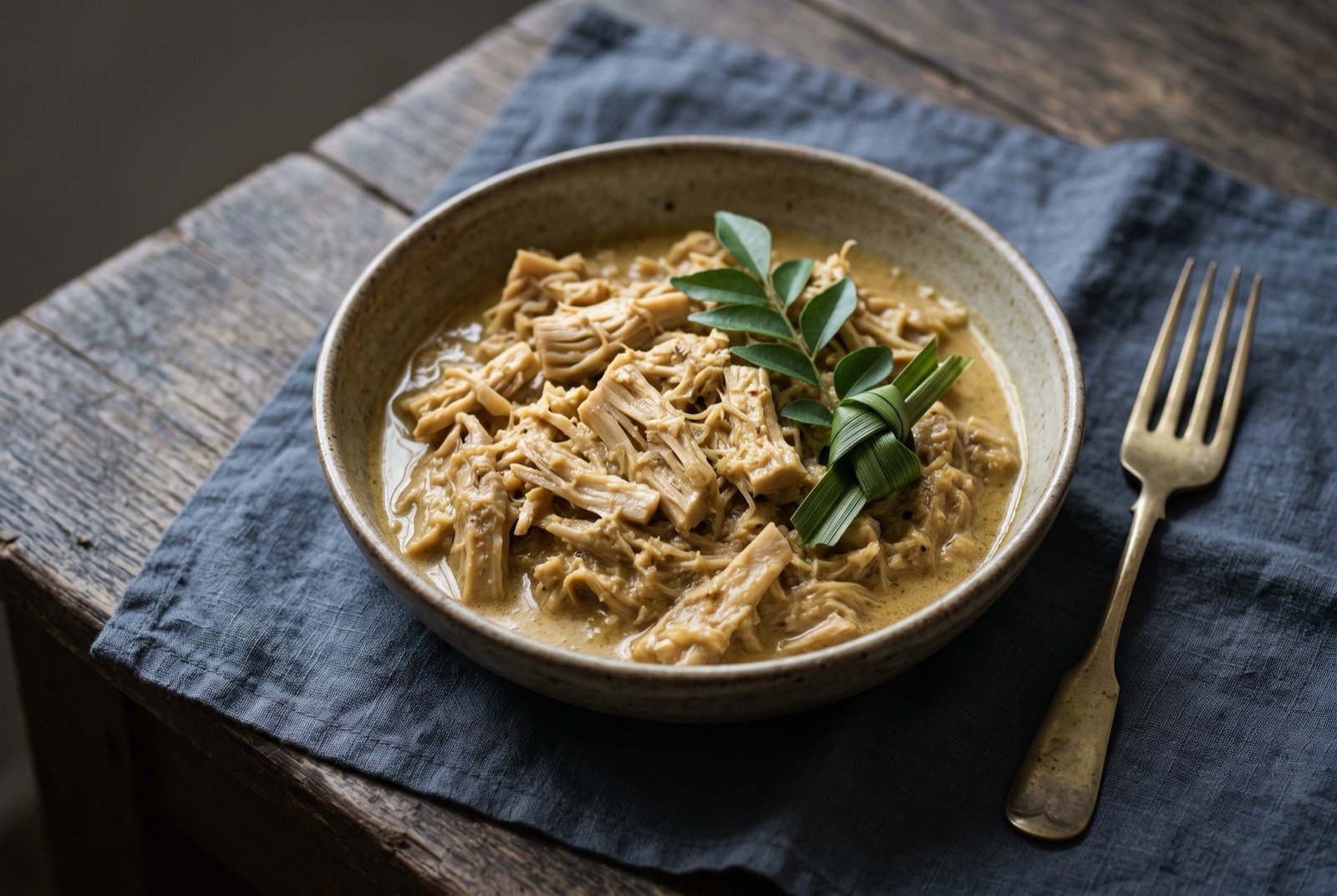 Polos curry, young jackfruit cooked down to a meat-like shred in coconut gravy: pale, fibrous, shredded young jackfruit pieces coated in a thick, pale golden-brown coconut curry sauce, a curry leaf and a knotted pandan leaf visible at the surface.