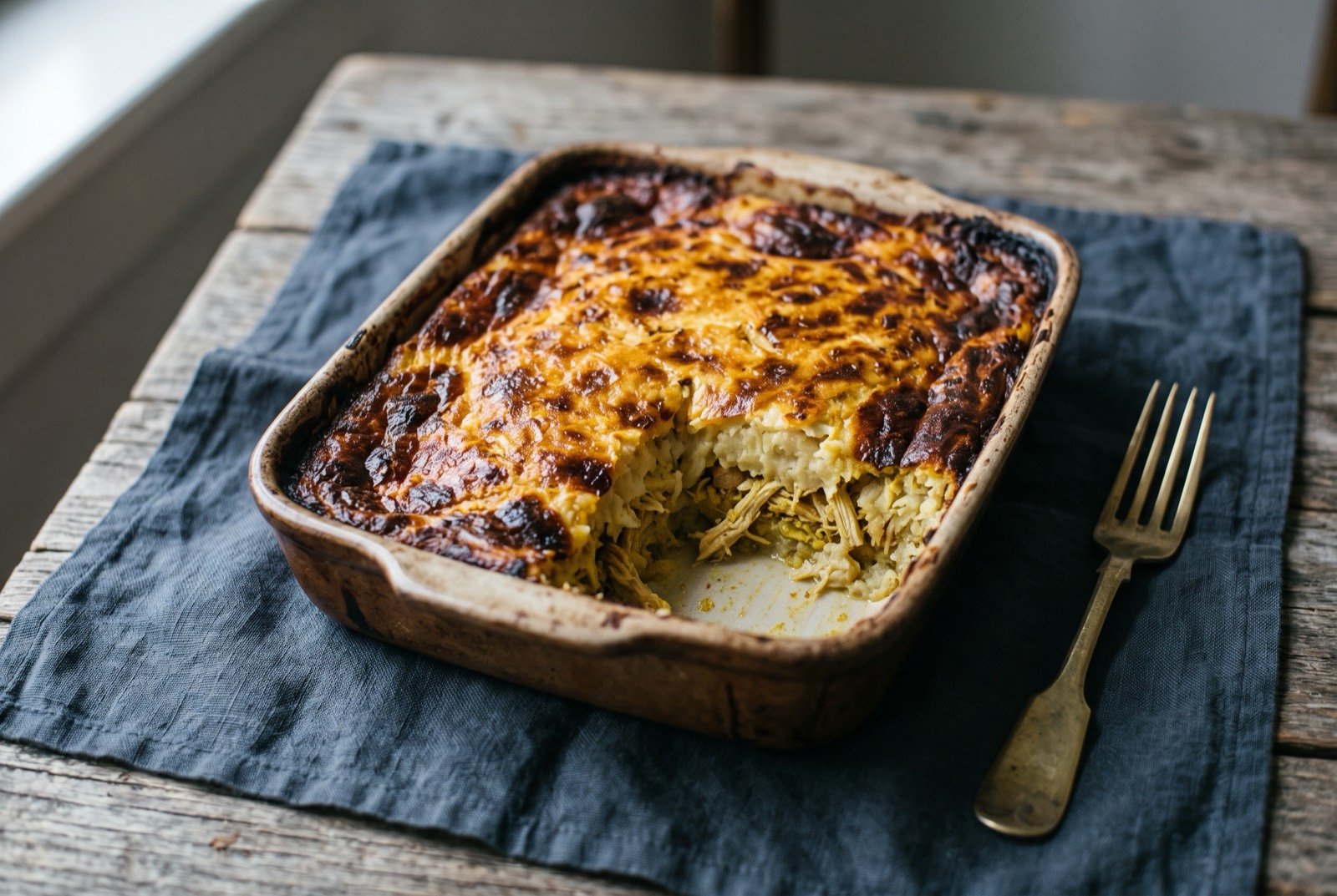 Pom, a Surinamese baked chicken and pomtajer casserole: a rustic earthenware dish showing a deeply browned, blistered golden casserole top with dark caramelised edges, a small serving cut away revealing pale creamy grated root vegetable beneath.