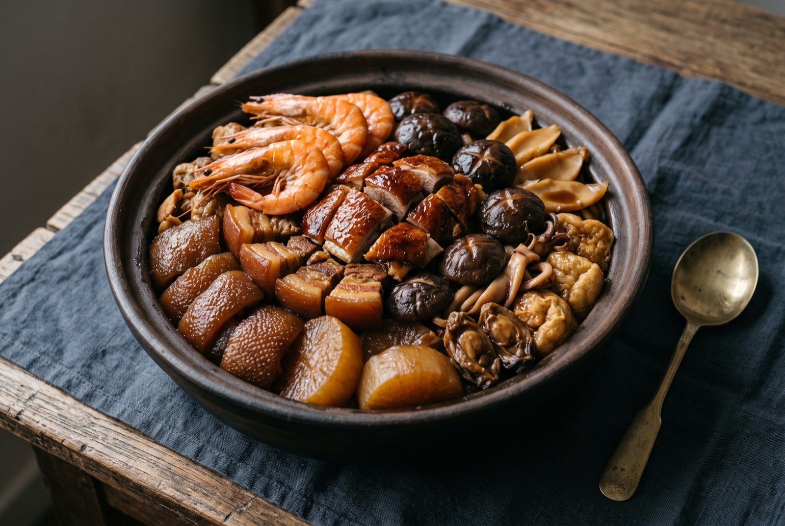 Poon choi, a layered feast of pork skin, prawns, mushroom and roast meats in one basin: a large round dark clay basin seen from above, distinct rings of ingredients visible from the centre outward, whole prawns and glossy roast duck pieces on top.