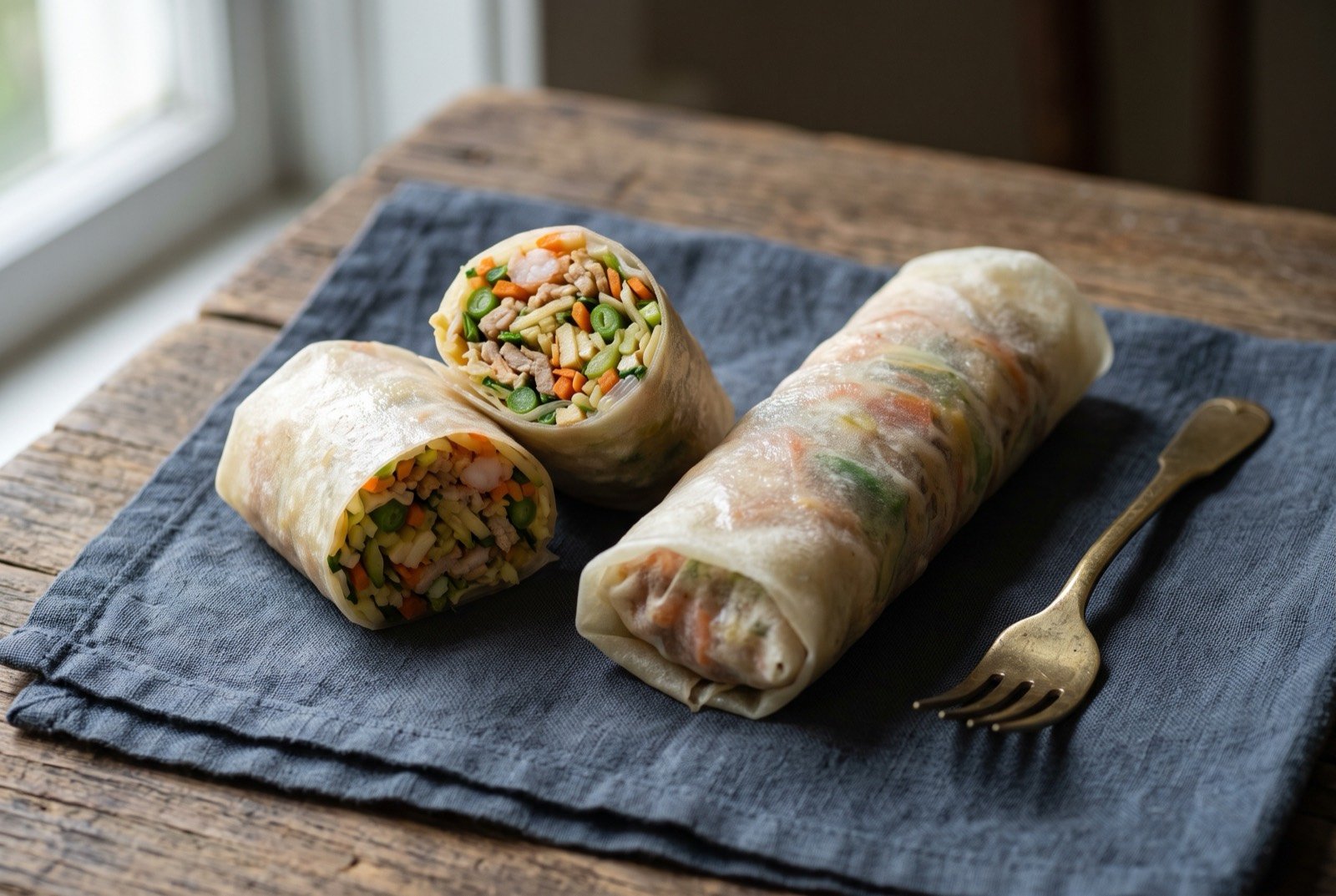 Popiah, Xiamen's fresh spring roll, wrapped hand-wiped and thin: a fresh spring roll wrapped in a translucent, paper-thin pale wrapper, one end left open to show layers of finely diced stir-fried vegetables.