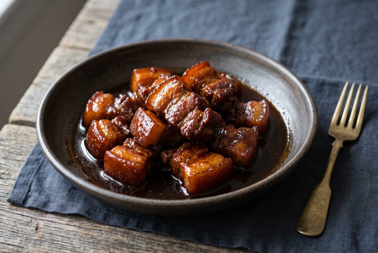 Porc au sucre, Vietnamese derived caramelised pork, now as common in Noumea as steak frites: deep mahogany, glossy pieces of braised pork belly in a thick, dark caramelised sauce, arranged in a shallow dark bowl, the sauce pooling and catching the light with a faint sheen.