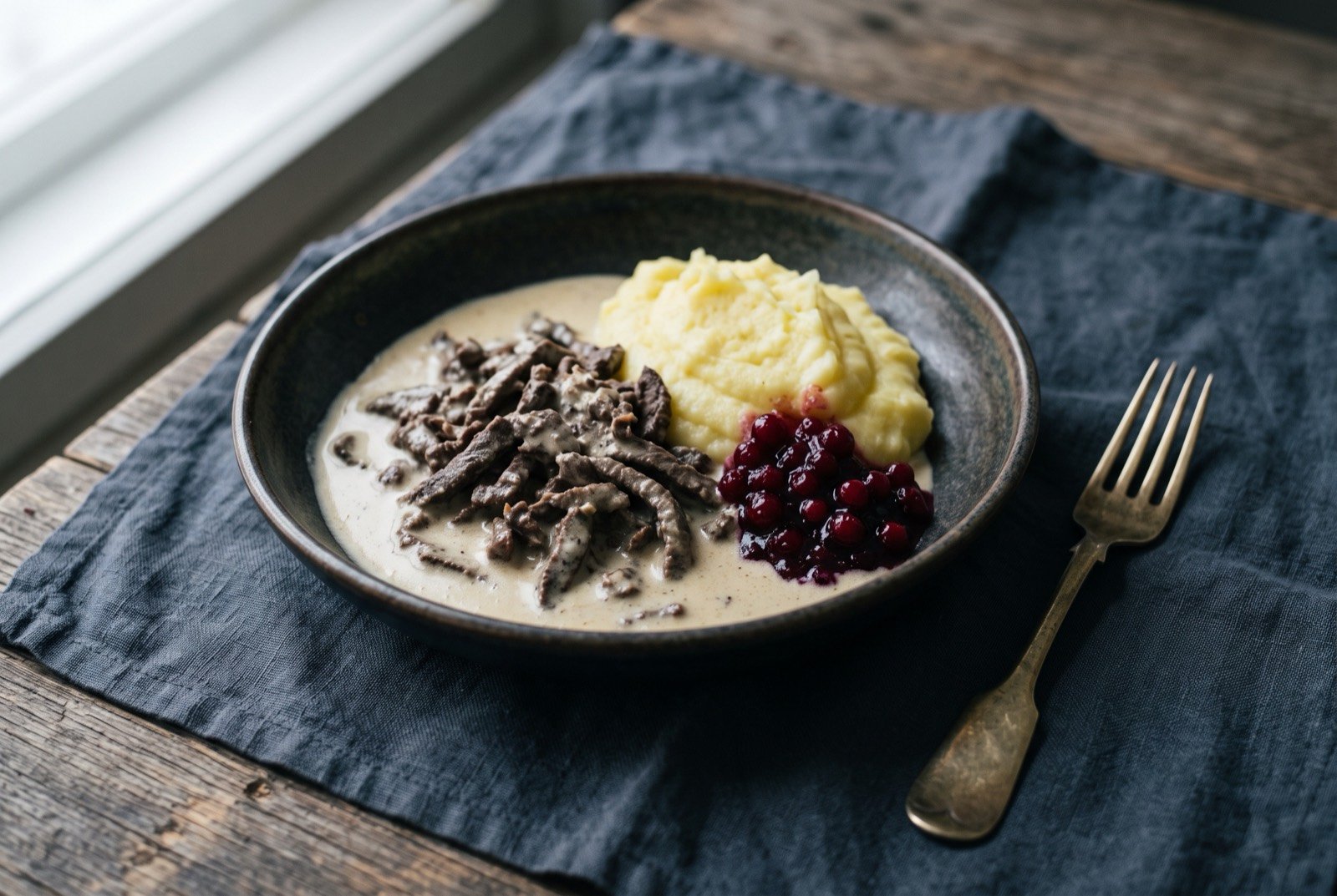 Poronkäristys, sautéed reindeer in cream sauce: a shallow dish of thin-sliced dark meat in a pale glossy cream sauce, a small mound of butter-yellow mashed potato at the side.