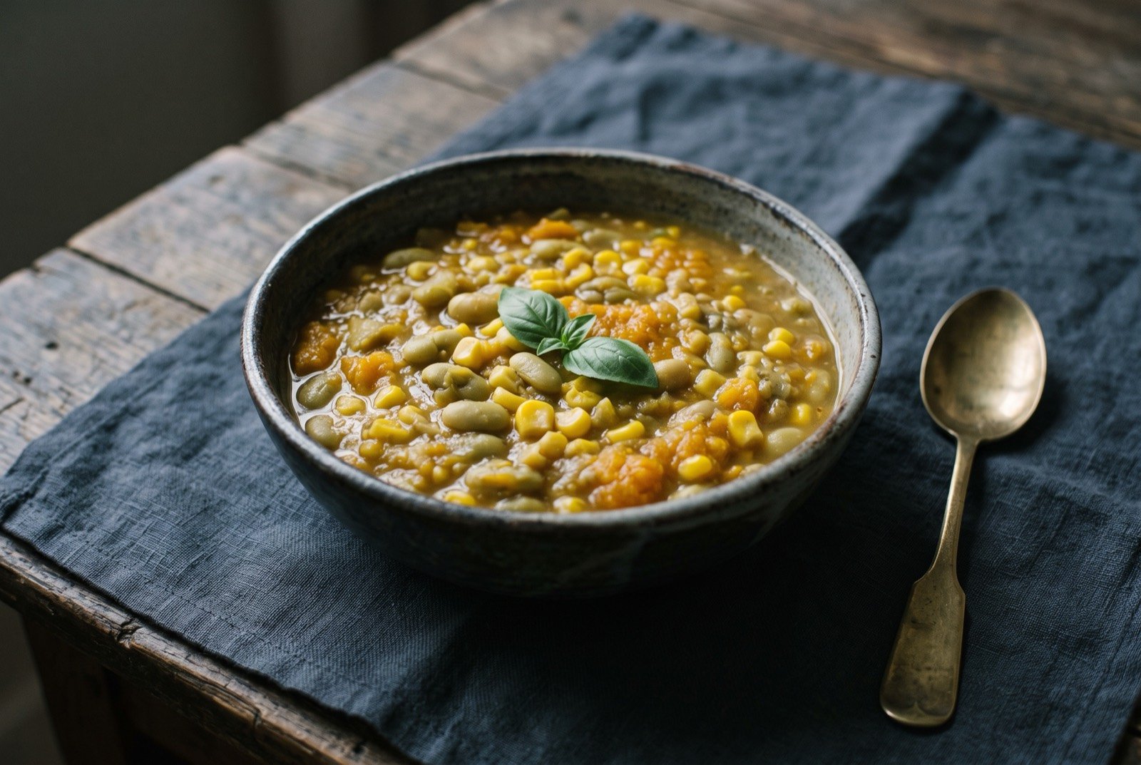 Porotos granados, a summer stew of fresh cranberry beans, corn and squash: a rustic bowl of thick, warm-toned stew, pale speckled beans and bright yellow corn kernels suspended in an orange-tinted squash broth.
