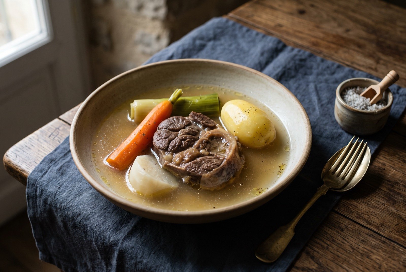 Pot-au-feu, slow-simmered beef and root vegetables served in their own clear broth: a wide shallow bowl of pale golden clear broth, chunks of tender beef, halved carrots, leeks and potatoes arranged neatly within.