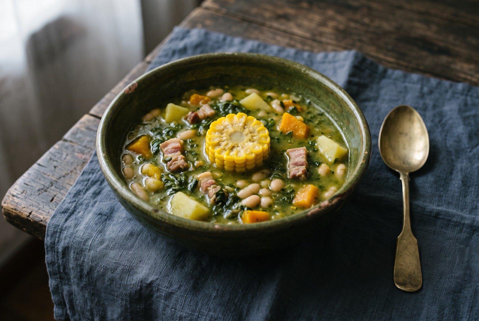 Potaje de berros, watercress and pork stew: a deep, rustic bowl of thick greenish broth studded with pale beans, potato, squash and a piece of pork belly, dark flecks of watercress throughout.