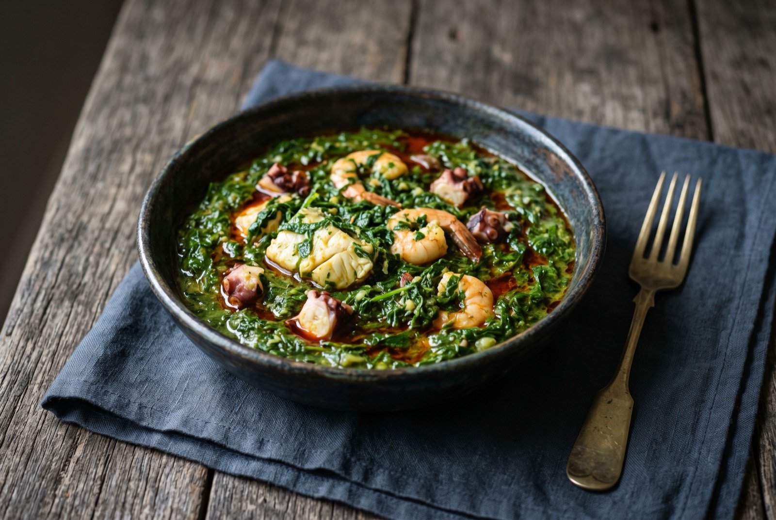 Potato leaf plasa, Sierra Leonean sweet potato leaf stew: a brighter, more textured green stew than cassava leaf, finely chopped leaf visibly retaining its shape rather than collapsing.