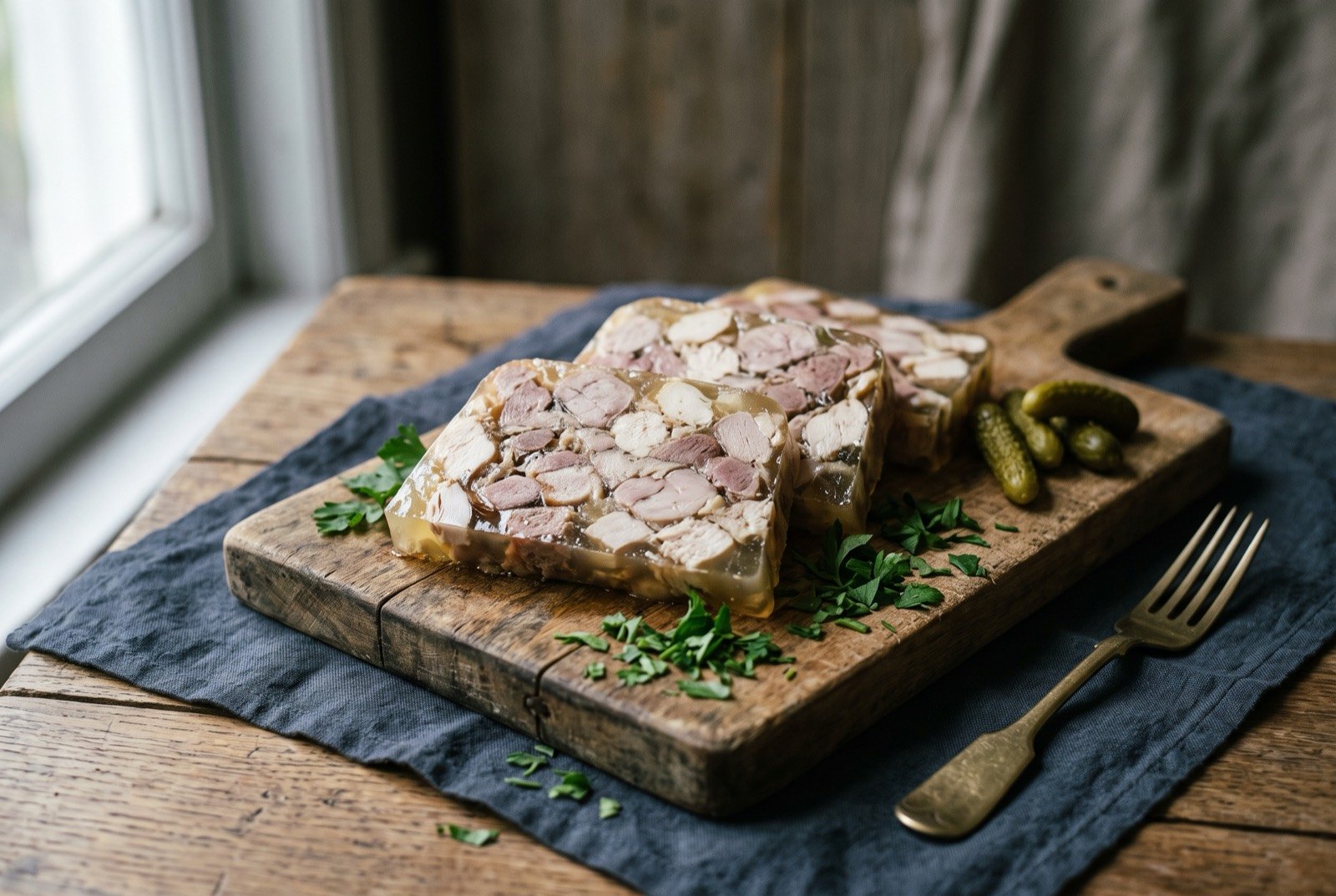 Potjevleesch, four meats set cold in a lightly vinegared aspic: a chilled terrine sliced to reveal distinct pieces of pale rabbit, chicken, pork and veal suspended in a clear, faintly golden aspic.
