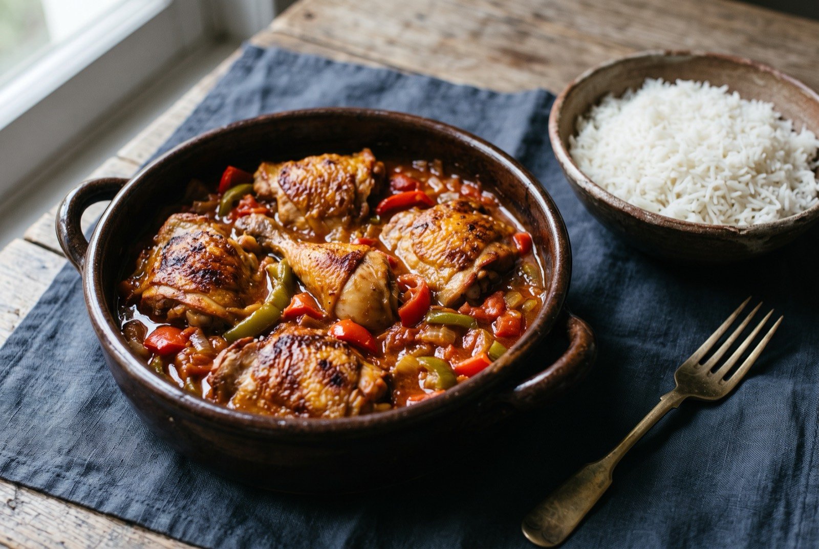 Poulet basquaise, chicken braised in a piperade of peppers, tomato and white wine: bone-in chicken pieces with deeply browned, glossy skin sitting in a thick red and green pepper and tomato sauce in a rustic earthenware cocotte.