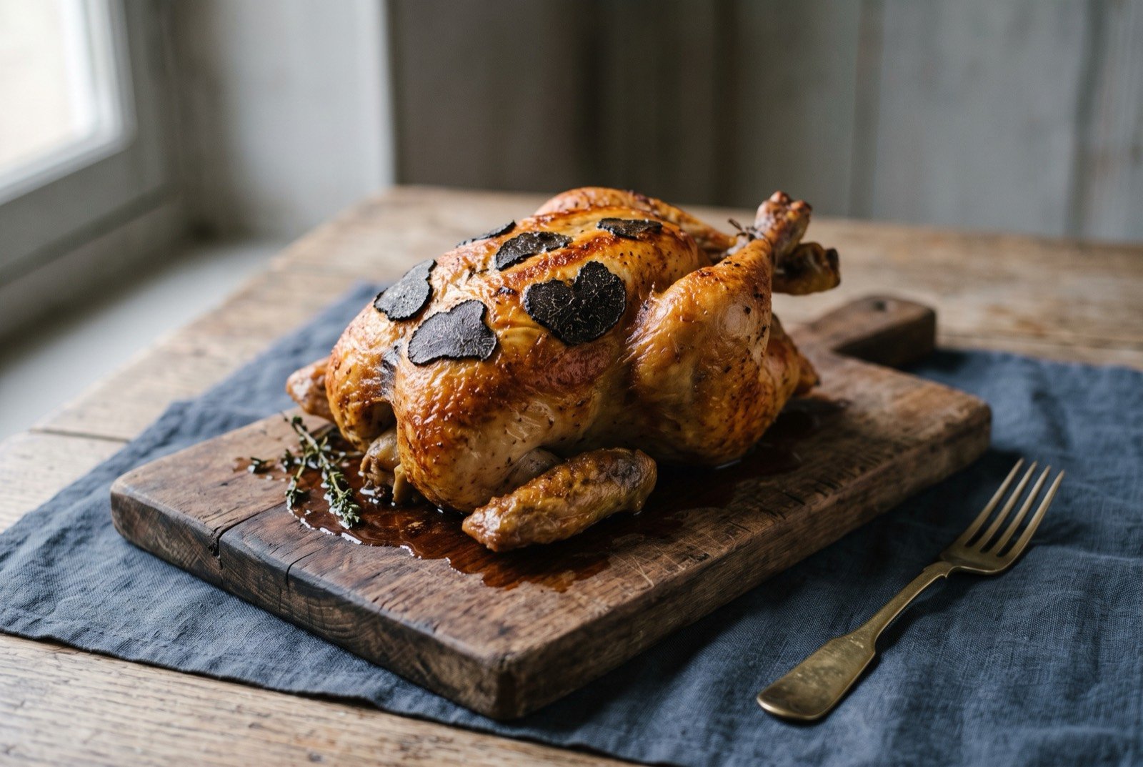 Poulet de Bresse demi-deuil, a whole roast chicken with black truffle slipped under the skin: a whole roasted chicken with pale golden skin, dark truffle slices visible in a mottled pattern beneath the translucent skin over the breast.