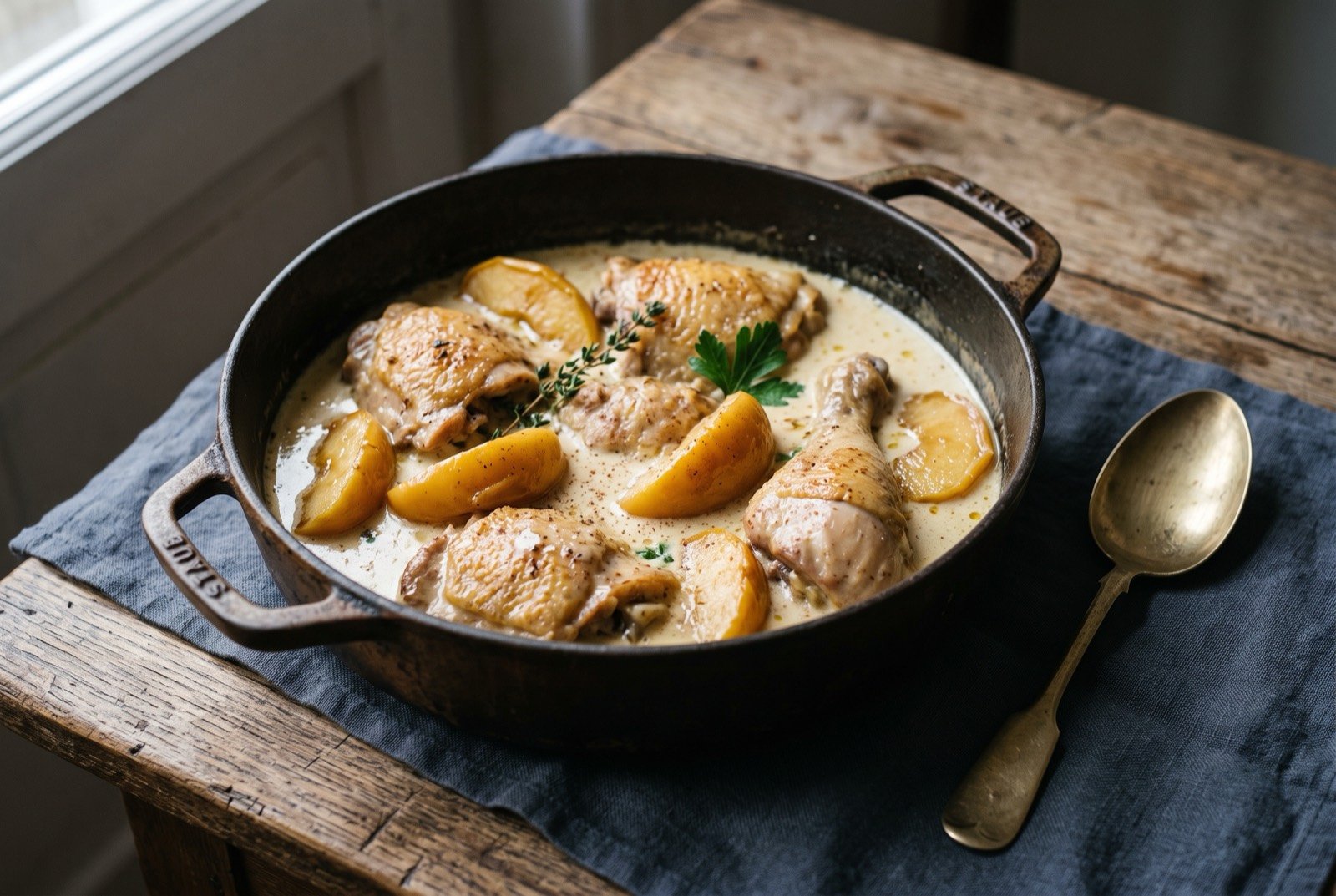 Poulet vallee d'Auge, a Norman chicken braised with apples, cider and cream: a rustic dish of golden braised chicken pieces and soft apple quarters in a pale, glossy cream sauce, the sauce coating everything with a thick.