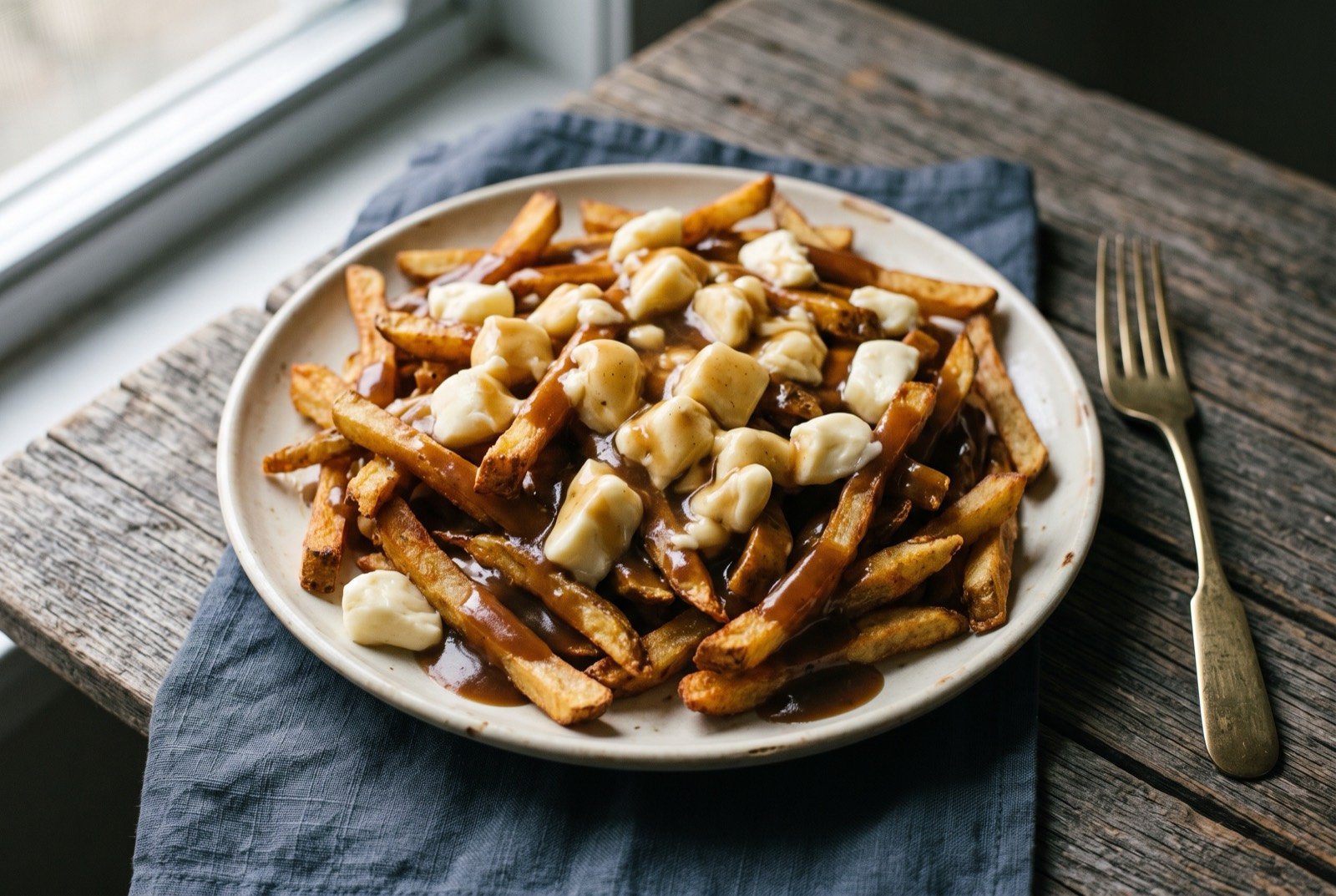 Poutine, double fried potato with fresh cheese curds and gravy: a tangle of golden double fried potato batons piled high on a plate, glossy dark brown gravy pooling and dripping down through the fries.