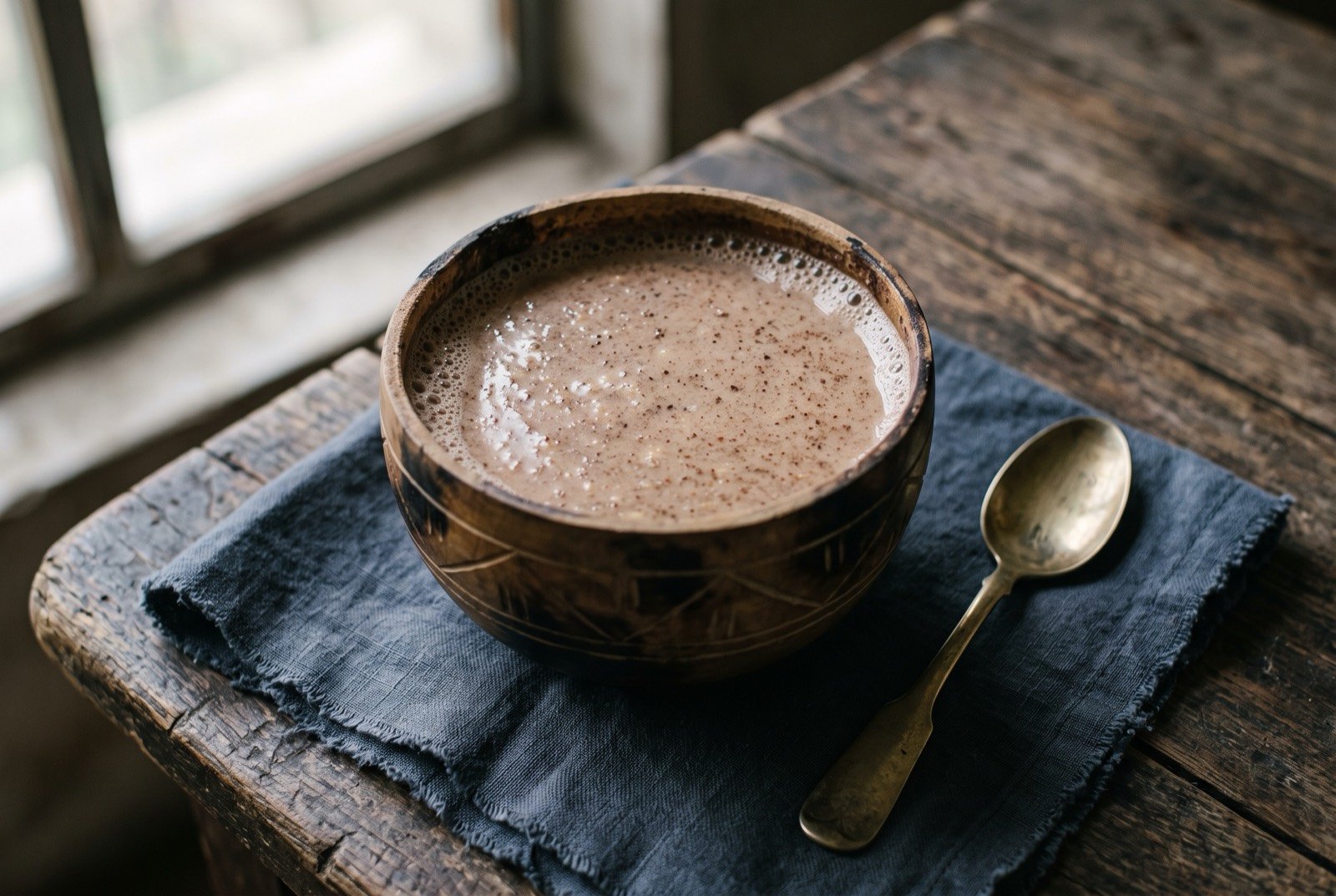 Pozol de cacao, a fermented maize and cacao drink served in a gourd: a carved wooden gourd filled with a pale, matte, grainy brown liquid, tiny flecks of ground cacao and cinnamon visible suspended near the surface.