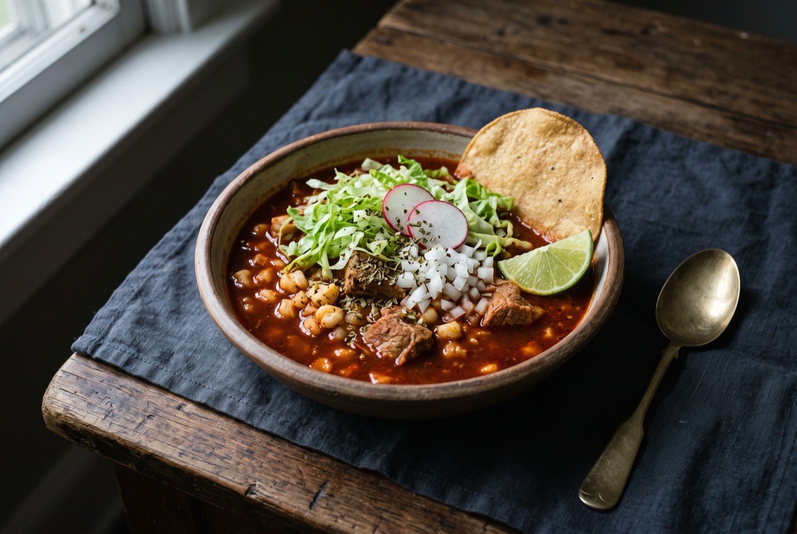 Pozole rojo, a red hominy and pork soup: a wide bowl of deep brick red broth, large burst white hominy kernels and pieces of pork visible beneath the surface, piled high with shredded lettuce.