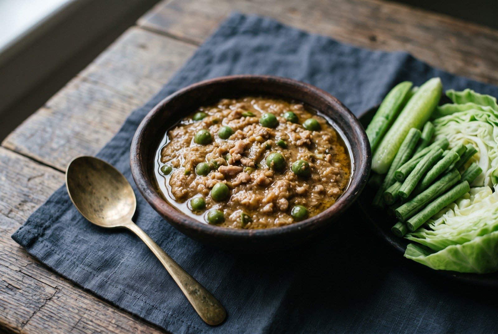 Prahok ktis, a thick coconut and minced pork dip studded with pea aubergine: a small dark clay bowl of a thick, glossy tan paste flecked with minced pork and tiny green pea aubergines, a faint sheen of coconut oil pooling at the rim.