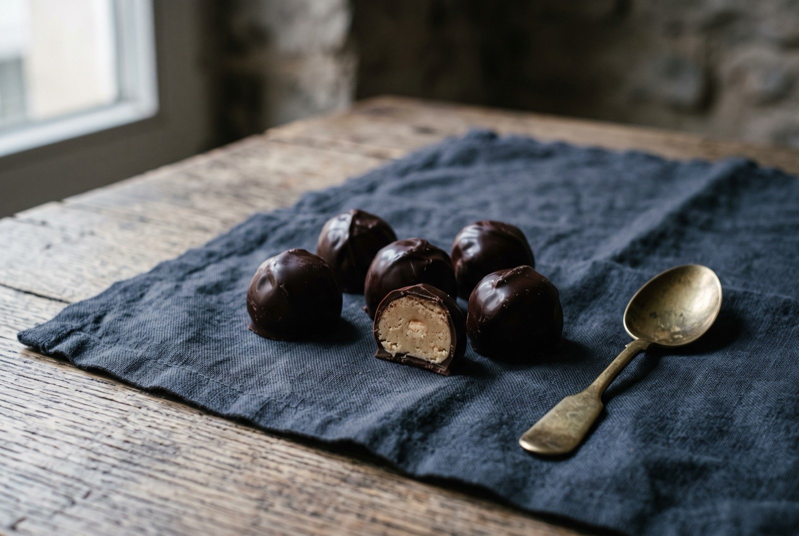 Pralines, filled Belgian chocolate bonbons: a small cluster of dark, glossy chocolate bonbons of varying rounded shapes arranged loosely together, one halved to reveal a pale hazelnut praline filling within its thin chocolate shell.