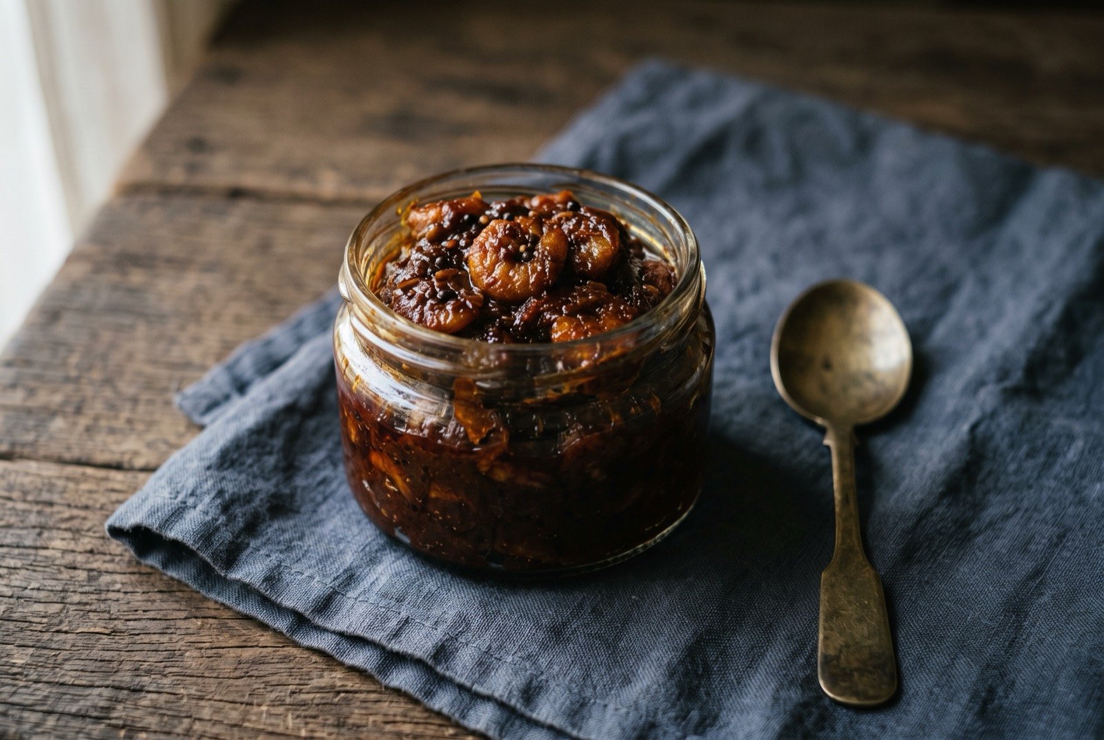 Prawn balchão, a thick dark prawn pickle: small prawns bound tightly in a thick, dark reddish-brown, glossy paste with no free liquid, packed densely in a small glass jar.