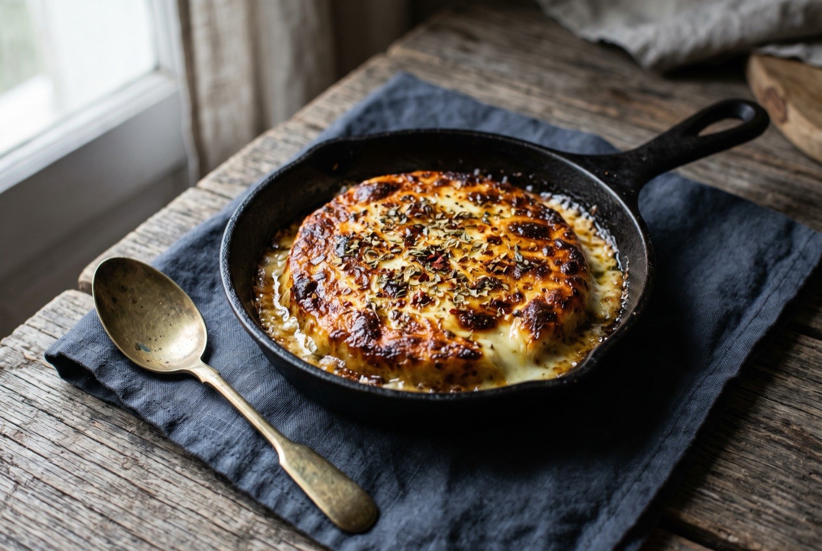 Provoleta, a grilled wheel of firm provolone with oregano and chilli: a thick round of cheese sitting directly on dark iron grill bars, its underside deeply browned and blistered, the top just beginning to soften and bubble.