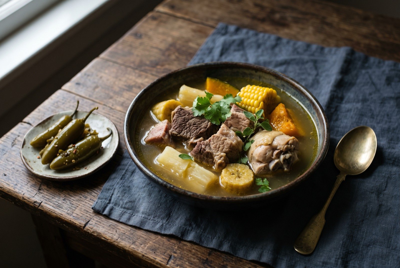 Puchero tabasqueño, a mixed meat and root vegetable pot: a large rustic bowl holding pieces of beef, pork and chicken alongside chunks of yuca, plantain, squash and corn in a clear golden broth.