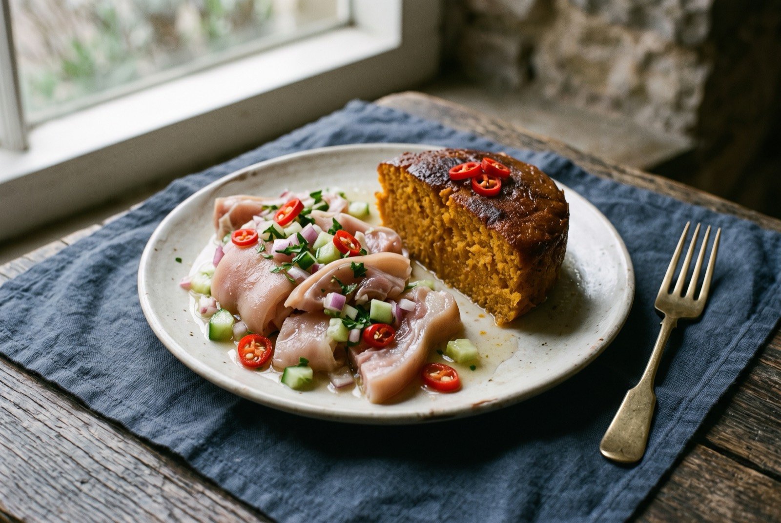 Pudding and souse, pickled pork with a steamed sweet potato pudding: a rustic plate holding pale pink slices of pickled pork trotter and ear glistening in a thin, sharp lime pickle scattered with cucumber and onion.