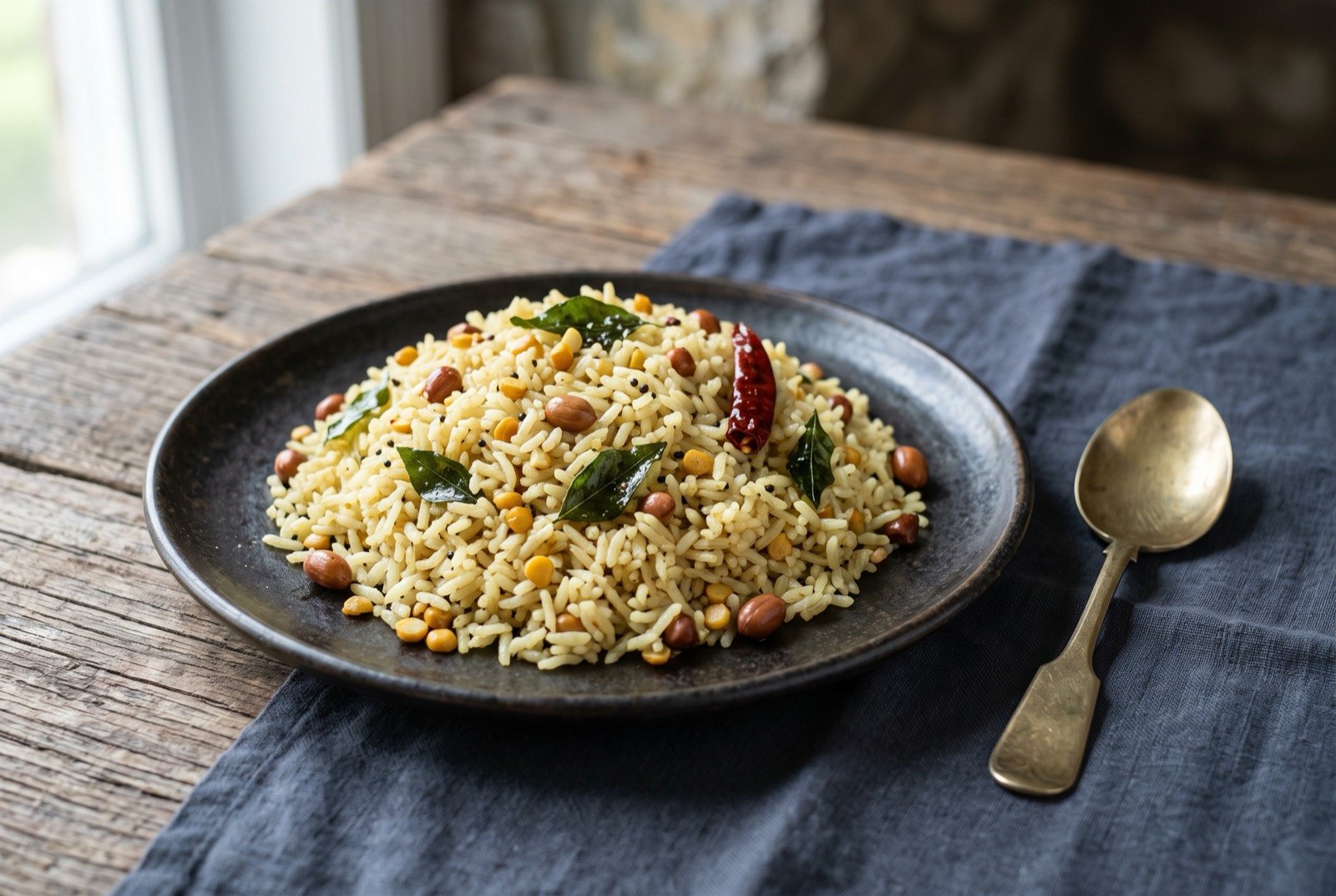 Pulihora, tamarind seasoned rice tempered with peanut and curry leaf: a mound of pale yellow tamarind-stained rice on a dark plate, each grain separate and glistening faintly with oil, scattered with whole roasted peanuts.