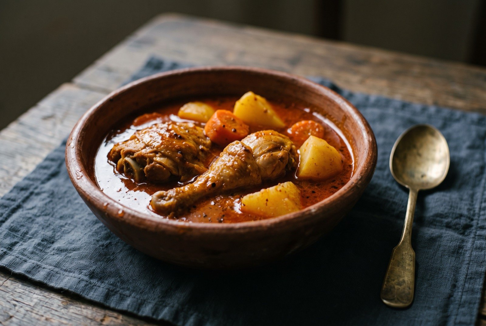 Pulique, a red recado stewed meat with potato and vegetable: a deep clay bowl of glossy, deep orange red broth holding a whole piece of bone in meat, a chunk of potato and a round of carrot breaking the surface.