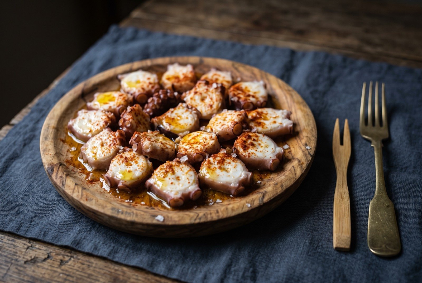 Pulpo á feira, Galician octopus finished with olive oil and pimentón on a wooden plate: thick discs of pale, tender octopus arranged on a well-worn round wooden plate, glistening with olive oil, dusted unevenly with reddish pimentón.